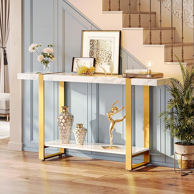 Huuger 47.2 Inch Entryway Table with Marble Top, 2-Tier Modern Console Sofa Table with Storage, Accent Table, for Entry, Hallway, Entrance, Foyer, T-Shaped Metal Frame, White Marble & Gold-Ruum Studio Home