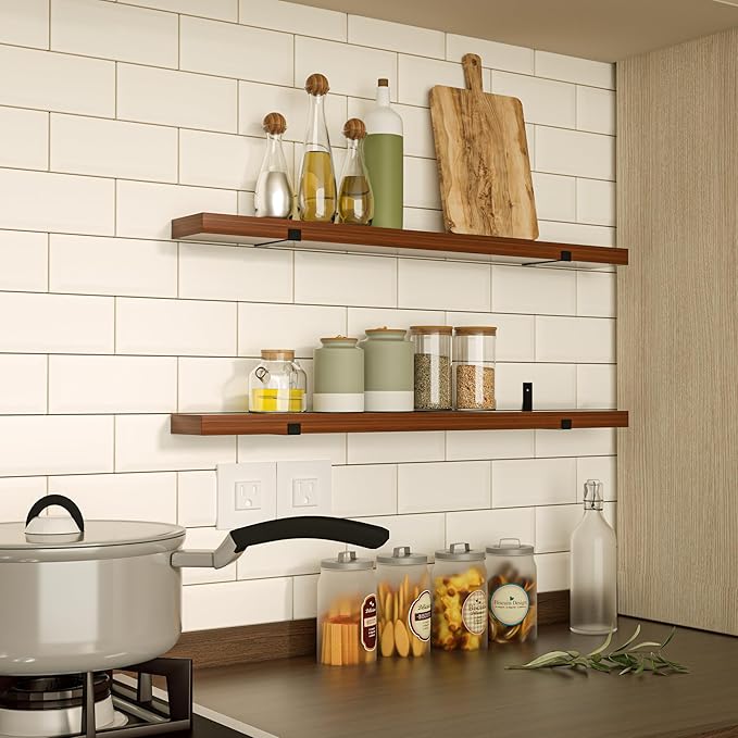 CONSDAN Floating Shelves for Wall Mounted Book Shelf Hanging Shelves Floating Bookshelf for Bedroom, Bathroom, Living Room, Kitchen USA Grown Solid Hardwood, Dark Maple 36x7.5x1.5 in (Set of 3)-Ruum Studio Home