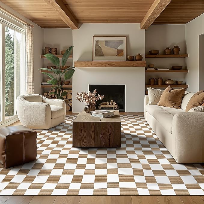 jinchan 8x10 Brown Checkered Area Rugs for Kids Room - Machine Washable Rug Modern Neutral Geometric Lattice Soft Non-Slip Carpet for Nursery Playroom Classroom Living Room Bedroom Dining Room-Ruum Studio Home