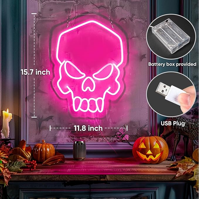 Dimmable Skull Neon Sign,Halloween Pink Neon Sign Light for Wall Decor, Skeleton LED Neon Sign for Beer Bar Bedroom Art,Skull Head Neon Lights Suitable for Computer Room, 5V USB Power 15.75 * 11.8in-Ruum Studio Home