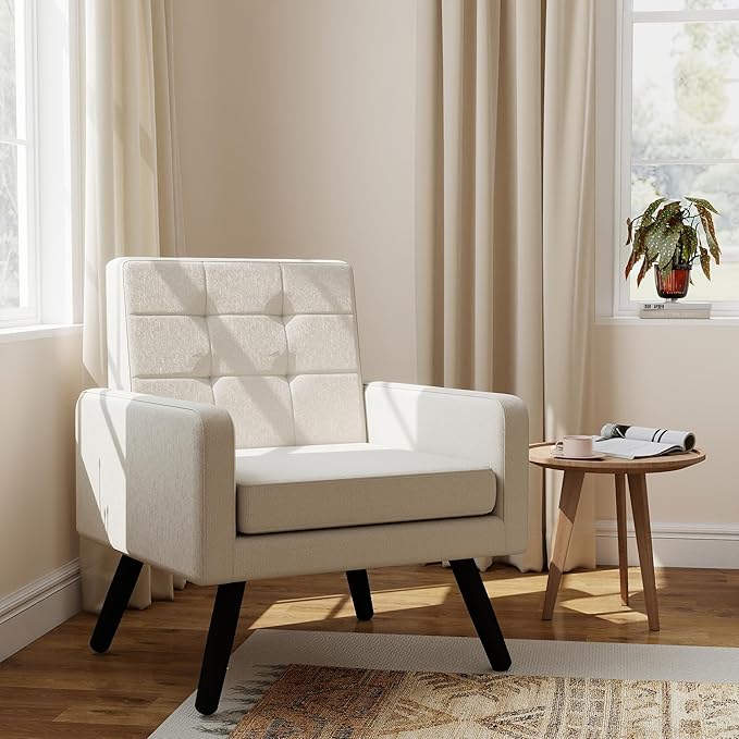 Kromax Mid-Century Modern Accent Chair for Living Room, 496 Lb. Weight Capacity, Dual Armrests, Comfy Extra Large Seat, Timeless Style Perfect for Reading & Relaxing, Beige-Ruum Studio Home