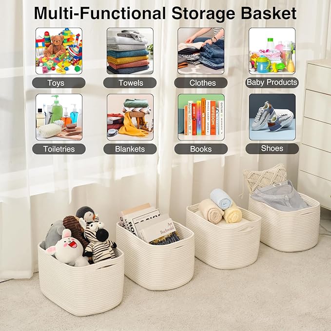 Storage Baskets for Organizing & Shelves, Woven Cotton Rope Organization Bins for Dog Toys, Clothes, Books, Nursery Organizer, 15" Lx11''Wx9.5''H, (4 Packs) Off White-Ruum Studio Home