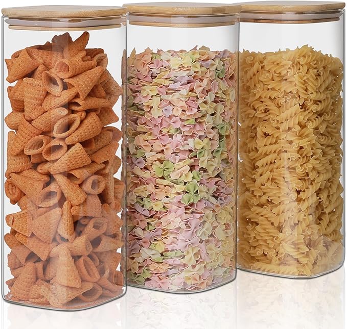Glass Food Storage Jars 76 oz Set of 3,Glass Storage Containers Clear Glass Food Canister with Bamboo Lid Airtight For Serving Tea, Coffee, Flour, Sugar, Candy, Cookie, Spice and More (Square)-Ruum Studio Home