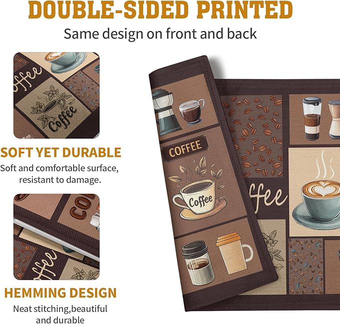 Coffee Theme Placemats Set of 4 Farmhouse Style Brown Linen Fabric Table Mat 12x18 Inch Washable Heat Resistant Non-Slip Place Mats for Home Party Kitchen Dining Decor-Ruum Studio Home