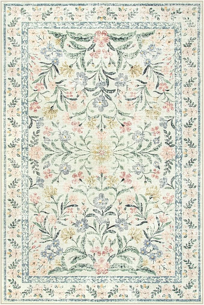 Wonnitar Washable 6x9 Area Rugs, Soft Floral Rug for Bedroom Kids Playroom Light Colored Carpet, Non Slip Ultra-Thin Indoor Beige Carpet for Living Room Classroom Office-Ruum Studio Home