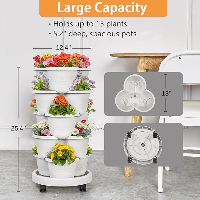 VECELO 5 Tier Vertical Garden Planter, Self Watering Stackable Planters with Wheels for Strawberries, Herbs, Flowers, Vegetables, Gray-Ruum Studio Home