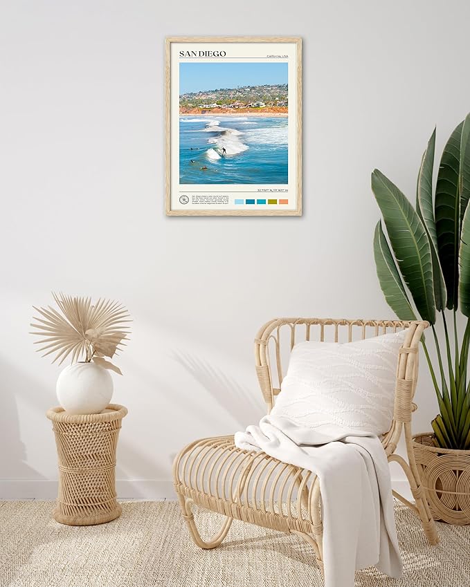 HesenDot Natural OAK Wood San Diego Surfing Framed Wall Art,12x16in Natural Seascape Canvas Wall Print,Classic Urban Landmark Wall Decor for Living Room,Bedroom,Office Gallery Gifts Set of 1-Ruum Studio Home