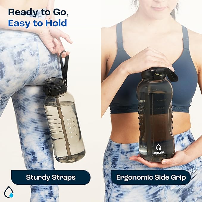 AQUAFIT 64 oz Water Bottle with Time Marker - 2in1 Straw & Chug Lid - BPA Free Big Water Bottle with Straw - Gym Water Bottle with Strap - Water Jug (64 Ounces, Gray)-Ruum Studio Home