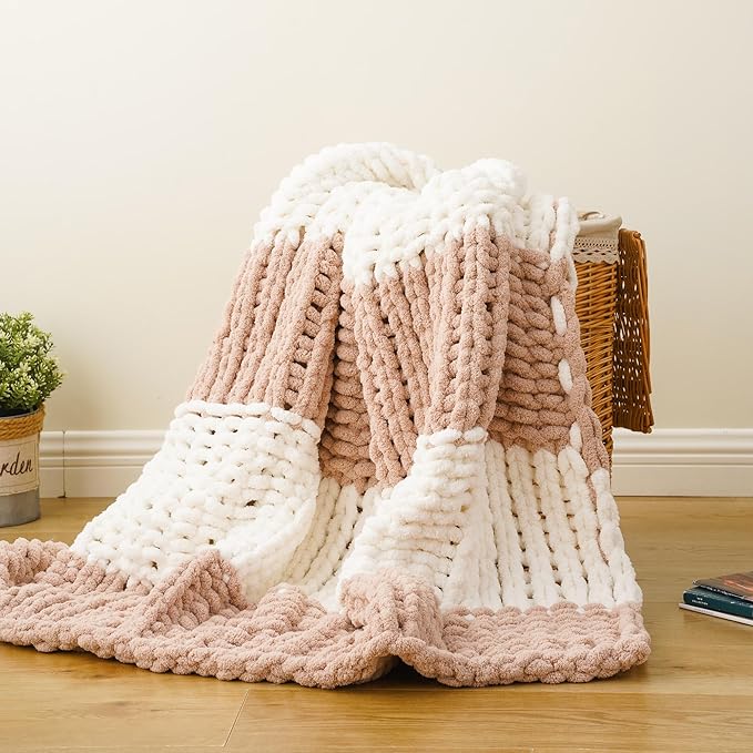 Battilo Chunky Knit Throw Blanket, Soft and Thick Chenille Throw Blanket, 50"x60" Handmade Cable Knit Crochet Blanket, Large Rope Knot Throw Blankets for Couch Sofa Bed Home Decor, Blush & White-Ruum Studio Home