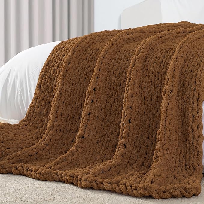 Carriediosa Chunky Knit Throw Blanket 50" X 60", 100% Hand Made Large Chenille Loop Yarn Soft Fluffy Throws for Couch Sofa Bed, Big Crochet Cozy Heavy Thick Cable Woven Blanket, Light Brown-Ruum Studio Home
