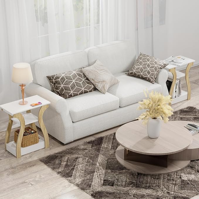 End Table Set of 2 with Charging Station, Side Table with USB Ports and Outlets, Nightstand, 3 Tier End Table with Storage Shelf for Living Room, Bedroom (White Set of 2)-Ruum Studio Home