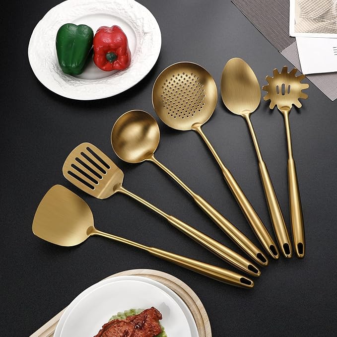 304 Stainless Steel Cooking Utensils,6 Pcs Kitchen Cooking Utensils Set with Spatula, Solid Spoon, Ladle, Skimmer, Spaghetti Spoon,Dishwasher Safe(Gold)-Ruum Studio Home