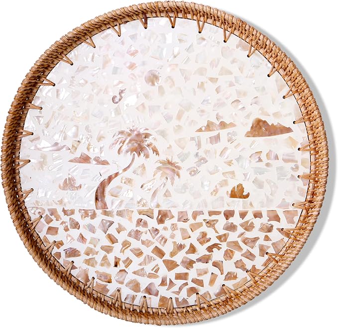 Round Rattan Tray with Mother of Pearl Inlay & Wooden Base - Decorative Wicker Serving Tray for Coffee/Bread/Fruits, Food Storage & Display - Multipurpose Home Decor (L,Island)-Ruum Studio Home