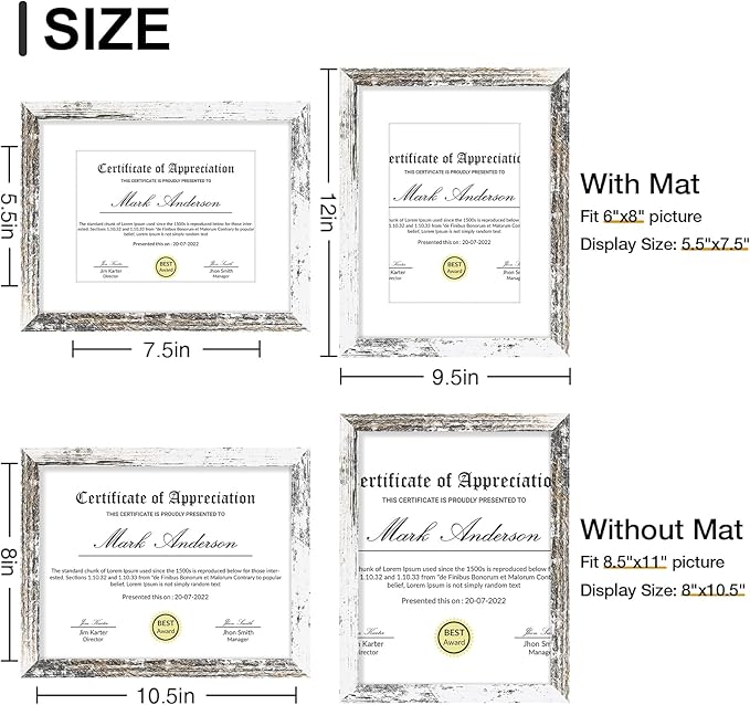Vittanly 8.5x11 Picture Frames Set of 9, Shatter Resistant Plexiglass, Display 6x8 Pictures with Mat or 8.5x11 without Mat, Photo Frames for Wall or Tabletop, Engineered Wood, Distressed White-Ruum Studio Home