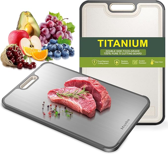 Mushu Titanium Cutting Boards for Kitchen,Upgrated Double Sided Food-Grade 100% Pure Titanium w/Wheat Straw PP Chopping Board for Meat Vegetable Fruit,Easy to Clean,Kitchen Gifts Large Size-Ruum Studio Home