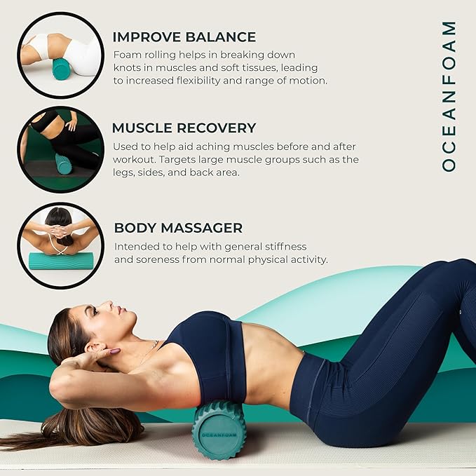 Oceanfoam Tidal Roller - Jade - Muscle Massage Foam Roller for Back Pain & Stretching - Firm and Ergonomic Wide Wave Textured - Yoga, Athletics, & Wellness - Full Size, 20" x 5"-Ruum Studio Home
