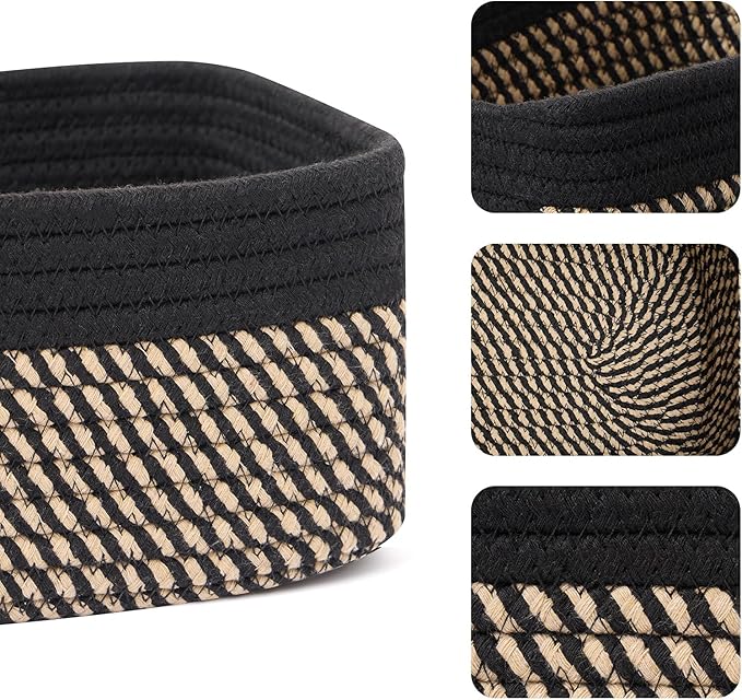 Small Storage Baskets for Organizing | Closet Organizer Bins | Shelf Toy Basket | Woven Rope Baskets | Cube Decorative Box | Shallow Basket | 11.5x7.5x4.7” | 3 Packs Black Brown-Ruum Studio Home