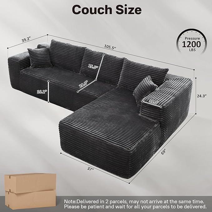 106" Cloud Sectional Couches for Living Room,Plush Corduroy Boneless Couch with Comfy Chaise,L Shaped Sofa in A Box No Assembly Require,Grey-Ruum Studio Home