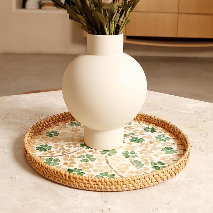 Round Rattan Tray with Mother of Pearl Inlay & Wooden Base - Decorative Wicker Serving Tray for Coffee/Bread/Fruits, Food Storage & Display - Multipurpose Home Decor (M,Four-Leaf Clover)-Ruum Studio Home