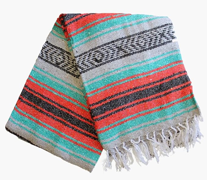 Del Mex Classic Mexican Blanket, Large Authentic Woven Falsa Throw (70"x50"), Artisan Southwest Décor for Beach, Yoga, Outdoors (Mint/Orange/Gray)-Ruum Studio Home