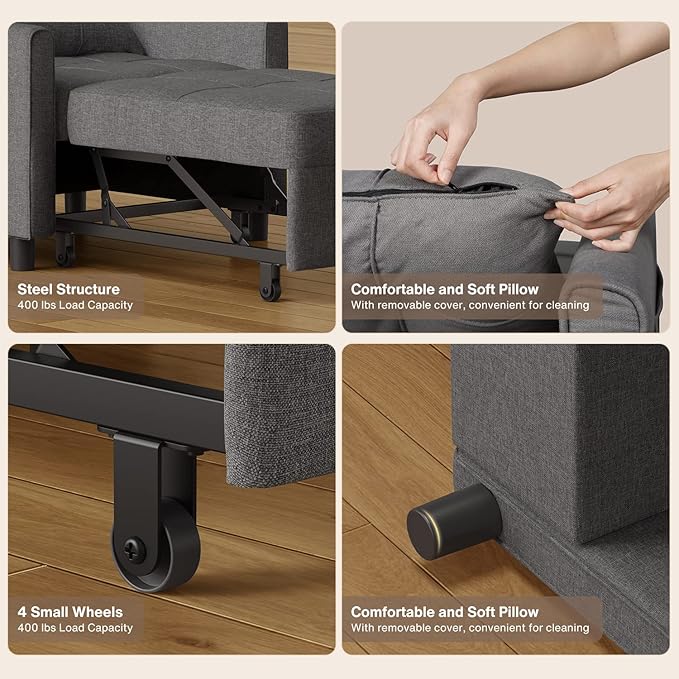 Noelse Convertible Futon Sofa Bed, 3-in-1 Multi-Functional Sleeper Chair Bed, Adjustable Backrest Recliner with Modern Linen Fabric for Living Room Bedroom Apartment Small Space, Dark Grey-Ruum Studio Home