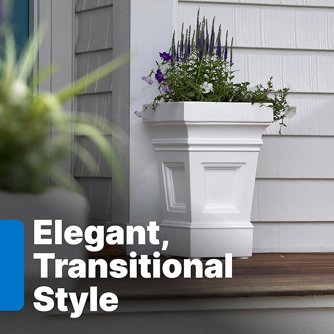 Step2 Atherton Square Planter, Large Planters for Outdoor Plants, Gardening and Flower Pot for Patio or Porch, Efficient Drainage, Durable Plastic, Classic White-Ruum Studio Home