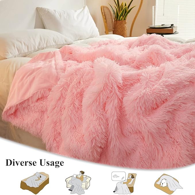 XeGe Fluffy Faux Fur Throw, Pink Luxurious 50x60 Shaggy Blanket, Warm Soft Fuzzy Couch Throw for Girls, Furry Lap Blanket for Sofa Bed Office Lightweight, Pink-Ruum Studio Home