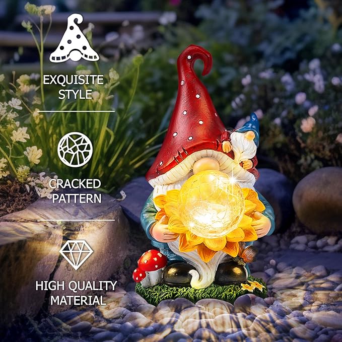 Solar Gnomes Garden Decor Outdoor Statues, Gnomes Gardening Gifts for Women Mom, Gnomes Decorations for Yard with Sunflower Decor Solar Lights for Outside, Patio, Lawn, Porch Decor-Ruum Studio Home
