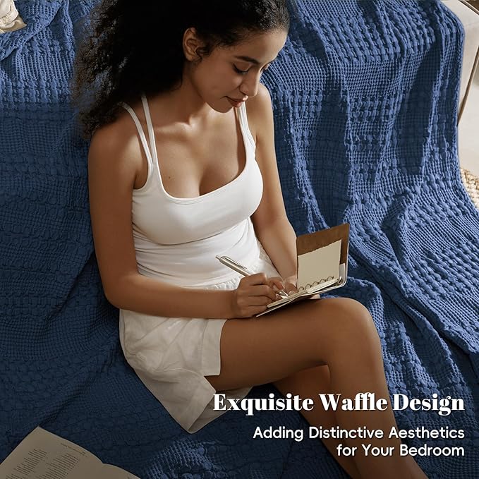 PHF 100% Cotton Waffle Weave Blanket Twin Size, Soft Lightweight Breathable Cozy Summer Blankets for Bed, Luxury Aesthetic Woven Bedding for Home Decor, 66"x90", Bright Navy Blue-Ruum Studio Home
