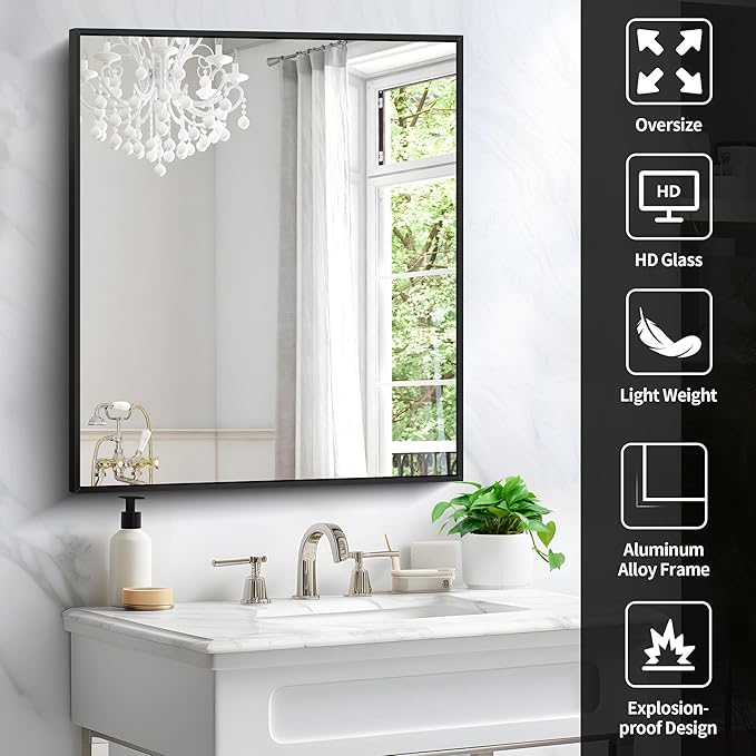 Black Bathroom Mirror for Wall, 30x36 Inch Rectangle With Metal Frame, Modern Vanity for Bathroom Living Room, Entryway Hangs Horizontal or Vertical-Ruum Studio Home