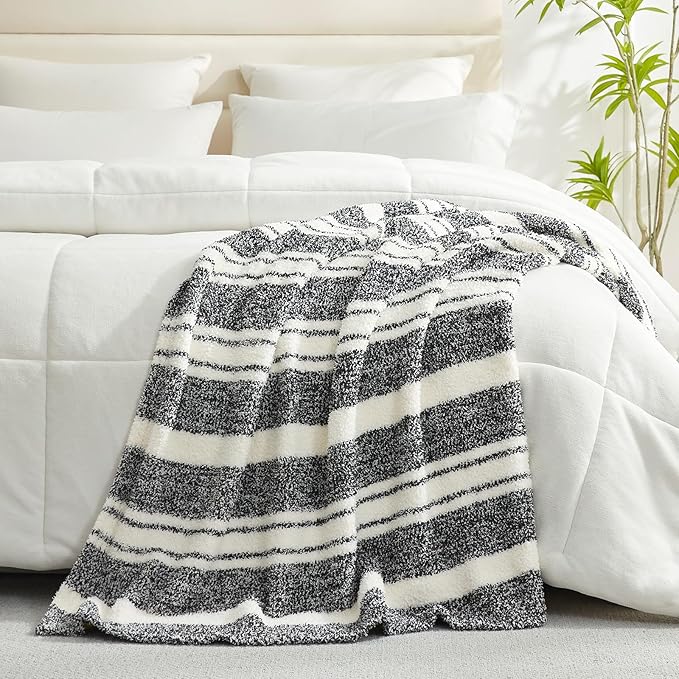 Snuggle Sac Queen Size Bed Blanket Stripe Black, Super Soft Warm Bedding Blankets Cozy Knit Fuzzy Plush Blankets for Bed, Living Room, Stripe Black, Queen 90"x90"-Ruum Studio Home