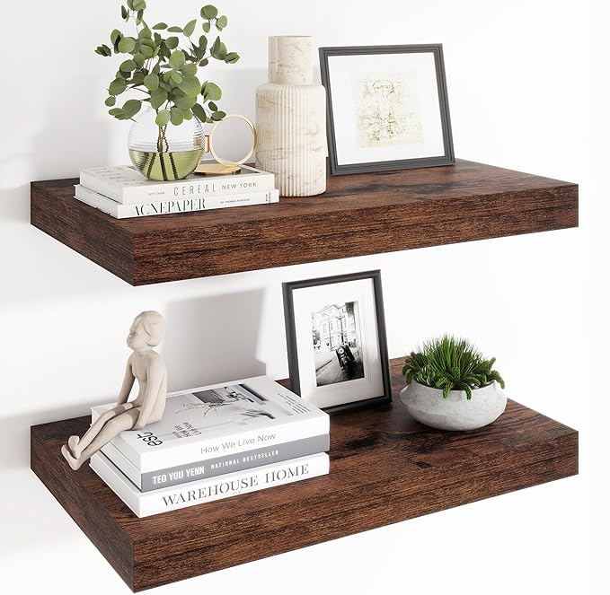 Heimlove 24 x 12 Inch Deep Floating Shelves Wall Mounted with Invisible Brackets,Storage Hanging Shelf for Wall Decor in Bathroom, Bedroom, Kitchen, Living Room, Office Set of 2 (Rustic Brown)-Ruum Studio Home