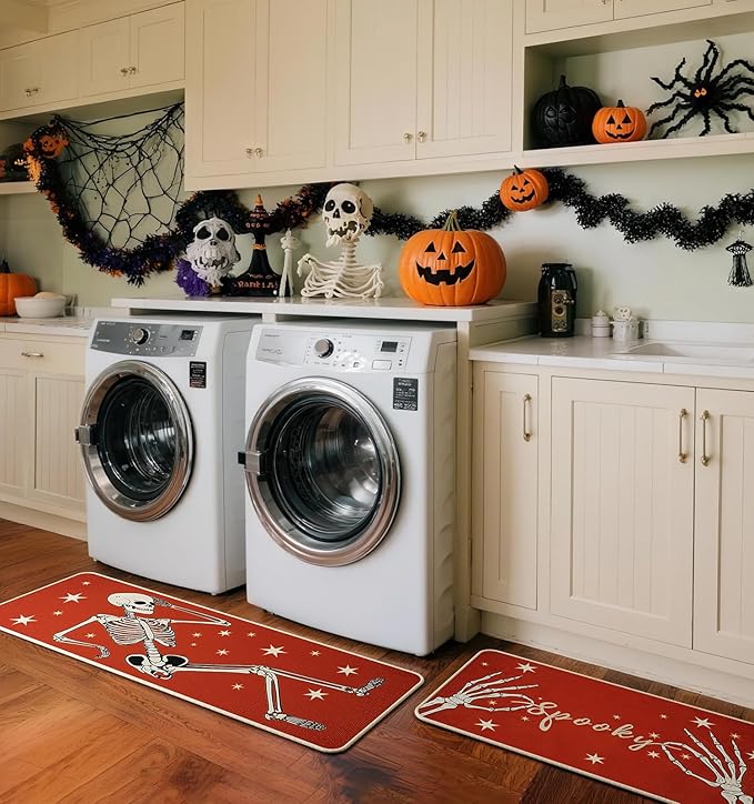 Halloween Kitchen Mat Set of 2, Spooky Skeleton Gothic Halloween Kitchen Decor, Halloween Rug for Floor, Indoor Spooky Home Decor with Non-Slip Backing,17 x 29 Inch & 17 x 47 Inch-Ruum Studio Home