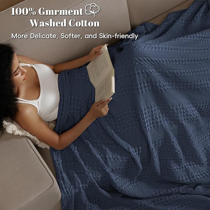 PHF 100% Cotton Waffle Weave Blanket King Size, Soft Lightweight Breathable Cozy Summer Blankets for Bed, Luxury Aesthetic Woven Bedding for Home Decor, 108"x90", Dark Navy-Ruum Studio Home