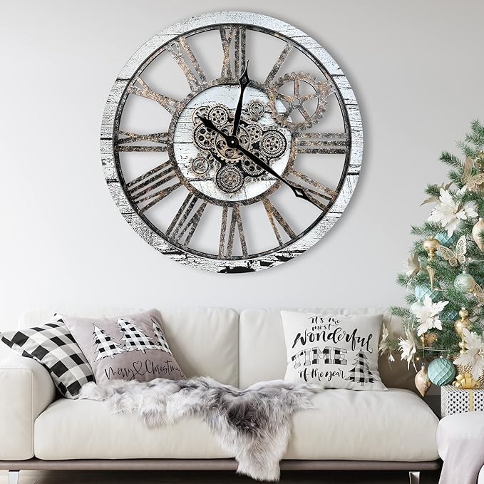 The B-Style Large Real Moving Gears Wall Clock 30 inch Rustic Retro Industrial Farmhouse Wood Clock Oversized Decorative Vintage Wall Clocks for Living Room (Silver Gray)-Ruum Studio Home