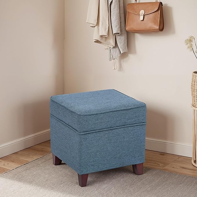 Adeco 17" Square Ottoman with Storage, Small Blue Storage Ottoman Foot Rest with Hinged Lid & Solid Wood Legs, Linen Fabric Foot Stool for Living Room & Bedroom-Ruum Studio Home