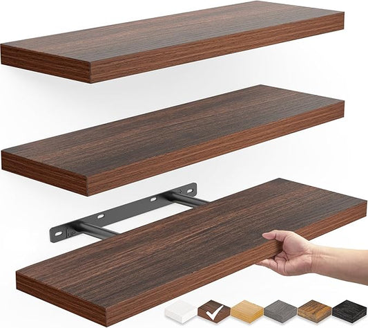BAYKA Floating Shelves for Wall, Wall Mounted Rustic Wood Shelves for Bathroom, Bedroom, Living Room, Kitchen,Small Hanging Shelf for Books/Storage/Room Decor (Walnut-Like, Set of 3, 15.7in)-Ruum Studio Home