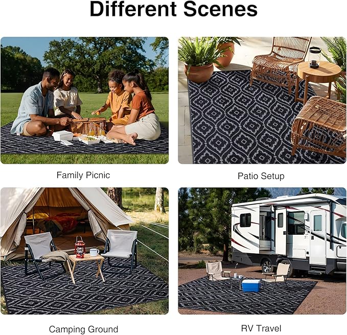 OLANLY Outdoor Rug 8x10 ft Waterproof, Outdoor Plastic Straw Rug with Geometric Pattern Clearance, Reversible RV Mat for Patio, Camping, Balcony, Deck, Backyard, Black & Grey-Ruum Studio Home