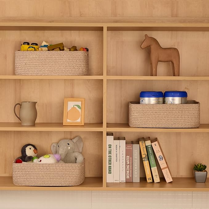 Large Shallow Organizing Baskets 15x11x5.1 Inches - Rope Woven Storage Bins for Bathroom, Shelves, Cube Closet, Mixed Brown 2 Packs-Ruum Studio Home