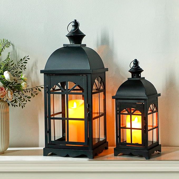 TRIROCKS Set of 2 Decorative Vintage Candle Lanterns 14.5"&20" H Farmhouse Outdoor Hanging Lanterns with Tempered Glass for Porch, Balcony, Patio, Home, Centerpieces, Indoor, Outdoor(Black)-Ruum Studio Home