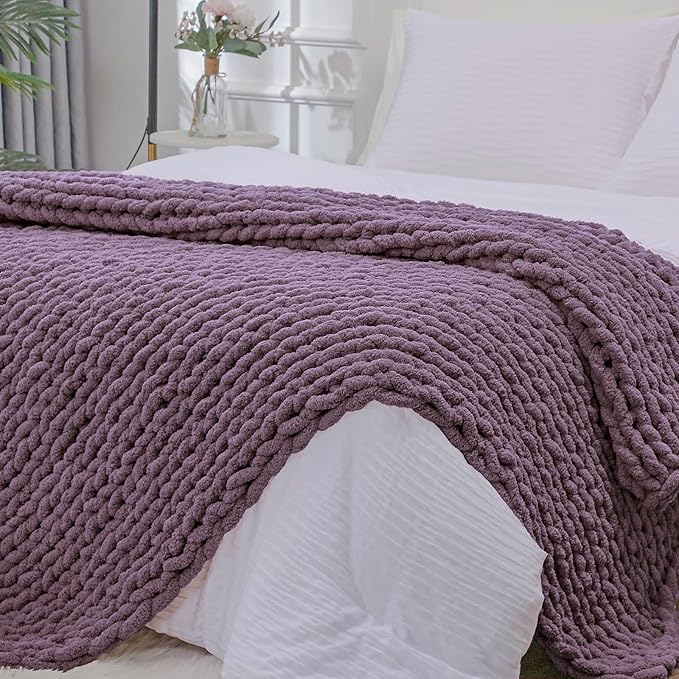 Bigacogo Chunky Knit Throw Blanket for Couch, 40x80 inches, 100% Hand Knitted with Thick Jumbo Chenille Yarn, Cozy Soft Large Rope Knot Cable Crochet Blankets for Sofa Bed Living Room, Winter Grape-Ruum Studio Home