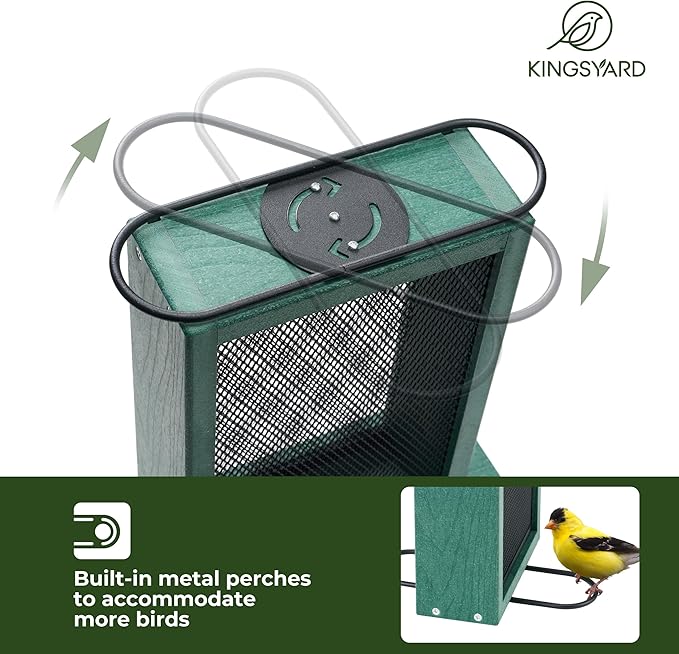 Kingsyard Metal Mesh Bird Feeder for Outdoors Hanging, Finch Feeder for Nyjer/Thistle, Sliding Mesh & Built-in Perch, Recycled Plastic, Green-Ruum Studio Home