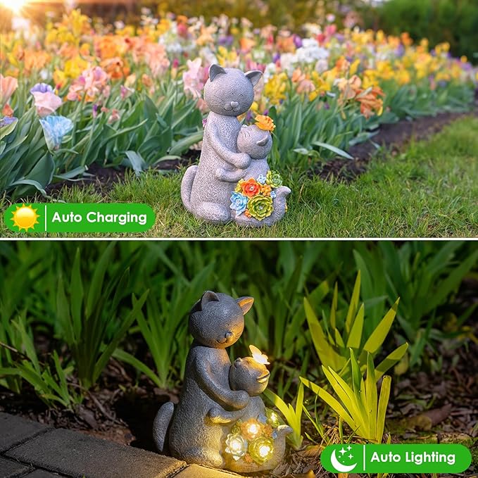 Solar Garden Statues Loving Cat Figurine Lights for Outside, Yard Decorations Outdoor, Garden Decor Unique Mothers Day Birthday Housewarming Gifts for Mom, Women-Ruum Studio Home