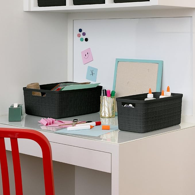 Curver Set of 6 Jute Medium Decorative Plastic Organization and Storage Baskets, Perfect Bins for Home Office, Closet Shelves, Kitchen Pantry and All Bedroom Essentials, Black-Ruum Studio Home