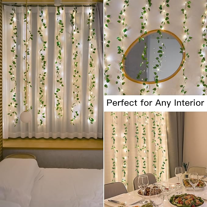 suddus Vines with Lights, 200 LED Fairy Lights with Vines, Pothos Curtain String Lights with Remote for Bedroom, Dorm, Wedding, Party, Wall, Indoor, Outdoor Decor, 6.5ft x 6.5ft-Ruum Studio Home