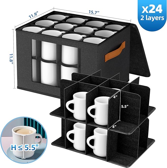 2-Layer Coffee Mug Storage Box with Dividers, Coffee Cup Storage Organizer with Zipper Lid and Handles, Stackable Mug and Cup organizer Service for 24 Coffee Mugs, Cups and Glasses, Dark Grey-Ruum Studio Home
