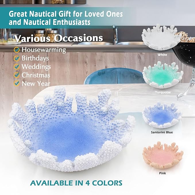 Santorini Blue Coral reef Textured Decorative Bowl,9.45" Medium Resin Decorative Centerpiece Bowl for Coastal Beach theme house table centerpiece decorations & Nautical decorations for coffee table-Ruum Studio Home