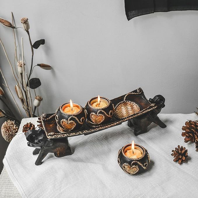 Thai Elephant Tray Carved Rain Tree Wooden Candle Holder-Ruum Studio Home