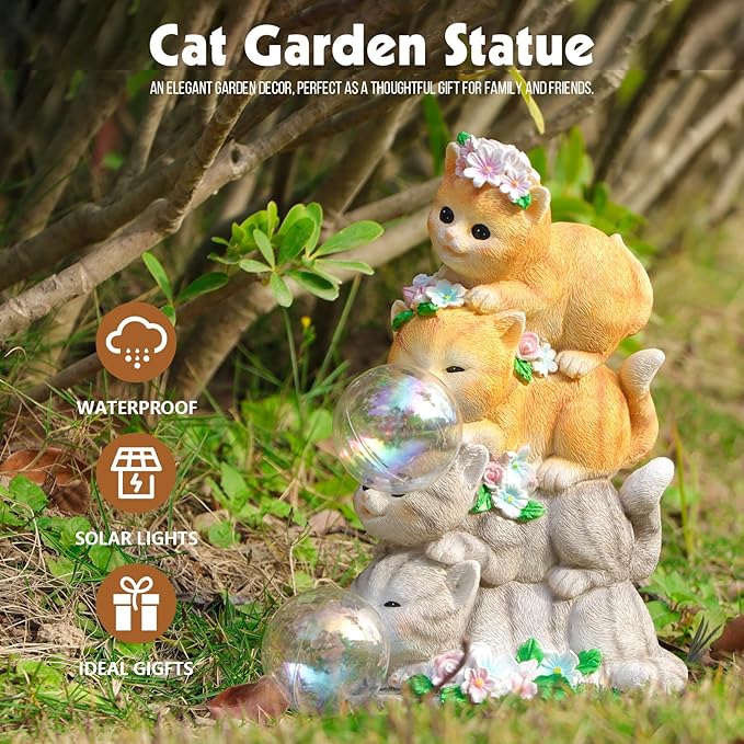 Solar Cat Garden Statue Resin Cat Statue Decor Outdoor with LED Lights for Outside Yard Art Lawn Ornaments Patio, Cat Lovers Gifts-Ruum Studio Home