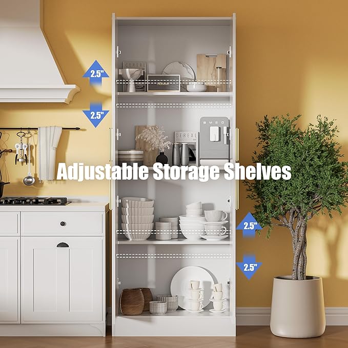 71" Tall Pantry Cabinet with 4 Doors, Kitchen Pantry Storage Cabinet, Freestanding Larder Cupboard, Kitchen Hutch with Gold Handles for Dining Room, Bathroom, White-Ruum Studio Home
